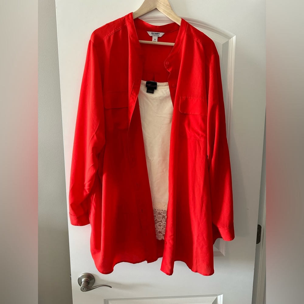 Ivory lace tank top PLUS red love sleeve button up